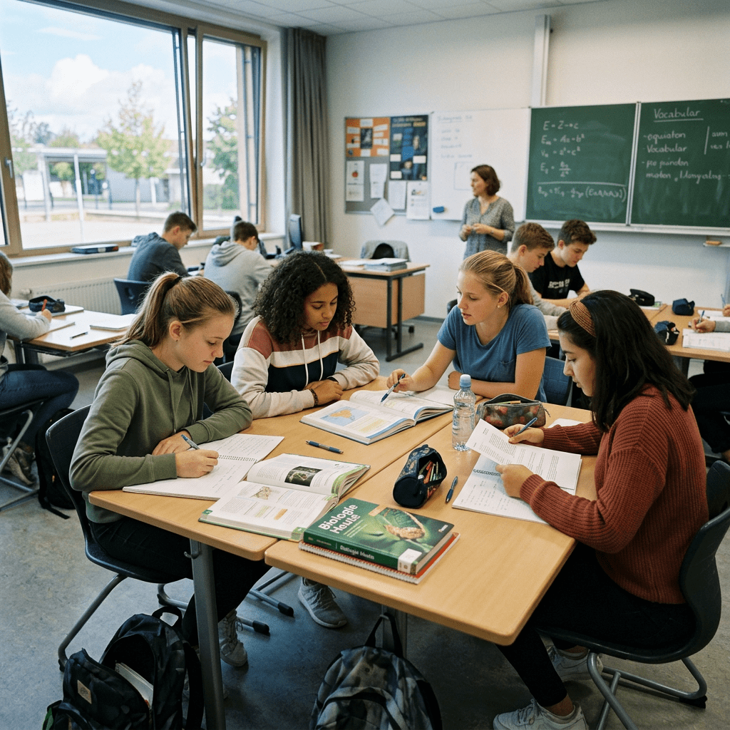 Four students sitting at a table studying textbooks and notes together in a classroom