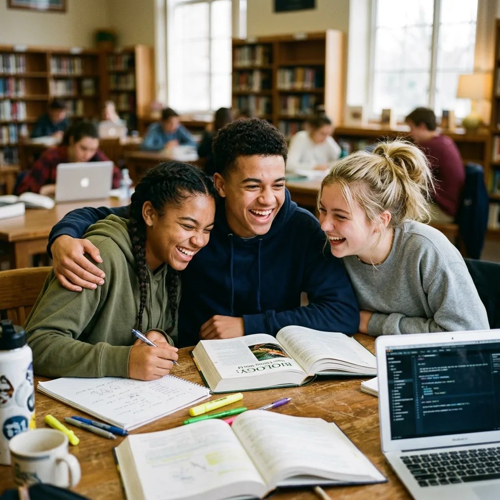 Drei Schüler:innen lernen gemeinsam mit Büchern und Laptop und lachen dabei