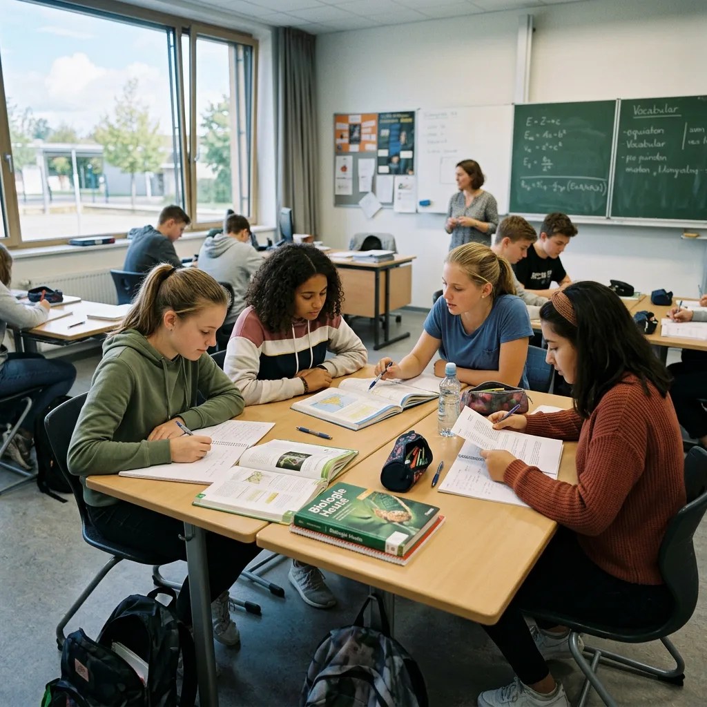 Vier Schüler:innen lernen gemeinsam an einem Tisch mit Büchern und Notizen